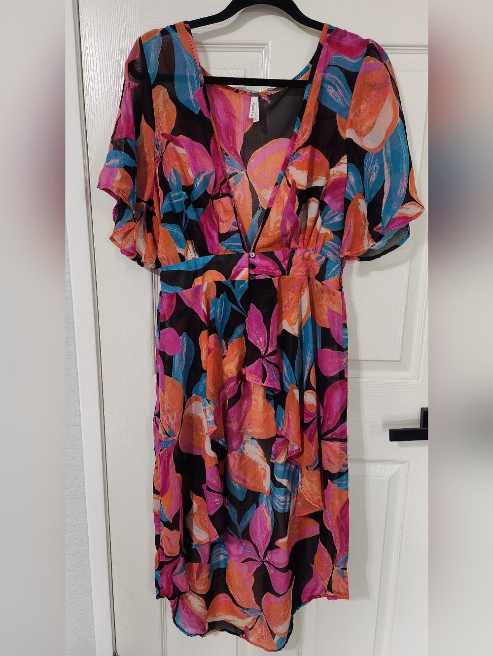Sheer Floral Asymetrical Top in Pink, Black, Orange & Blue
